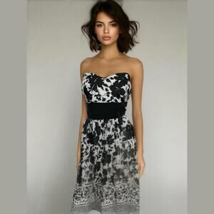 WHBM Black White Floral Chiffon Strapless Cocktail Party Dress Plus Size 14